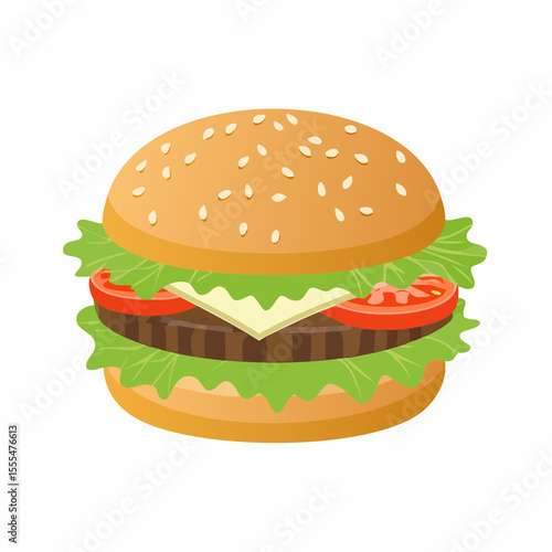 Cartoon burger with sesame bun, lettuce, tomato, cheese and patty