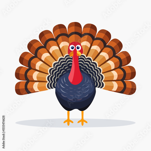 Cartoon Turkey with Bold Colors and Fan of Feathers Displayed Frontally