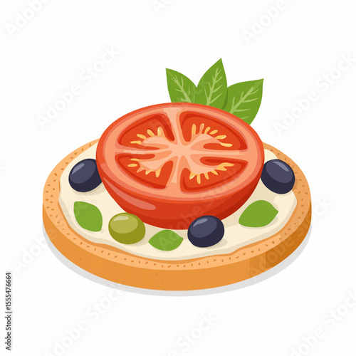 Bruschetta with Tomato Slice, Olives, Basil, and Cream Cheese on Toasted Bread
