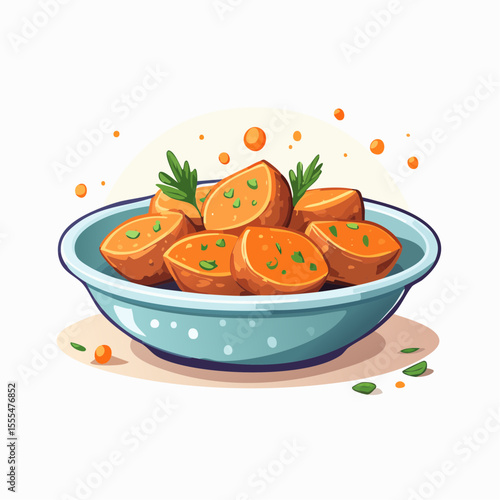 Bowl of halved potatoes with herbs, garnished with small orange spheres