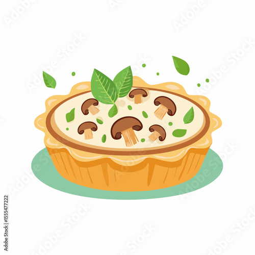 Mushroom and Basil Quiche with Fluted Crust on a Teal Plate