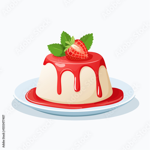 Panna cotta dessert with strawberry topping and mint leaves on a plate