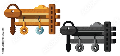 Two stylized key holders in wood and metal with keys and coin-shaped decorations isolated on a white background