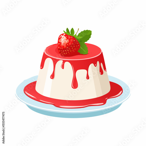 Panna cotta dessert with strawberry topping and mint leaves on a plate