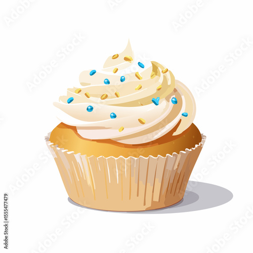 Delicious cupcake with creamy frosting and colorful sprinkles in a paper cup