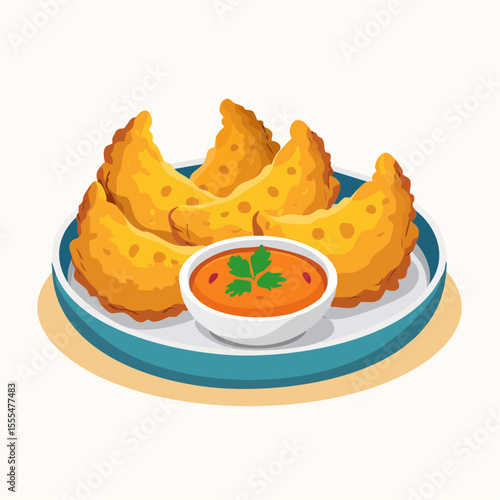 Golden Empanadas with Orange Dipping Sauce and Parsley Garnish on Blue Rimmed Plate