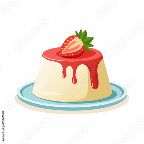 Panna cotta dessert with strawberry topping and green leaves on a blue plate