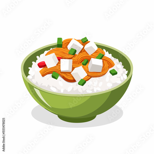 Tofu and Rice Bowl with Green Onions and Red Pepper Flakes in Green Bowl