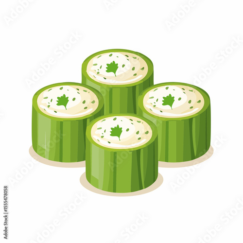 Four cucumber bites filled with creamy herb mixture, arranged in a square formation.