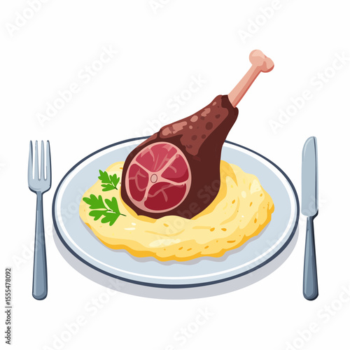 Cartoon Lamb Shank with Mashed Potatoes, Parsley, Fork and Knife on Plate