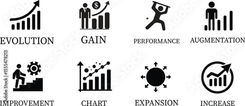 Growth icon set.Containing performance, gain, improvement, grow, chart, increase, evolution and development icon.Increase and Decrease Line Icon.Vector illustration.