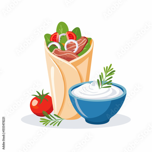 Delicious Gyro Wrap with Fresh Vegetables and Creamy Sauce Illustration
