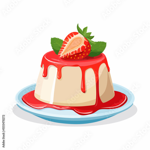 Panna cotta dessert with strawberry sauce, topped with a strawberry half and mint leaves