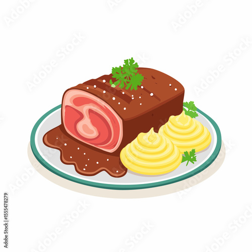 Cartoon meatloaf slice with mashed potatoes and parsley garnish on a plate