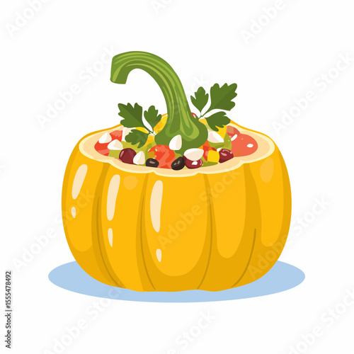 Stuffed yellow squash with beans, tomatoes, parsley, and a curved green stem