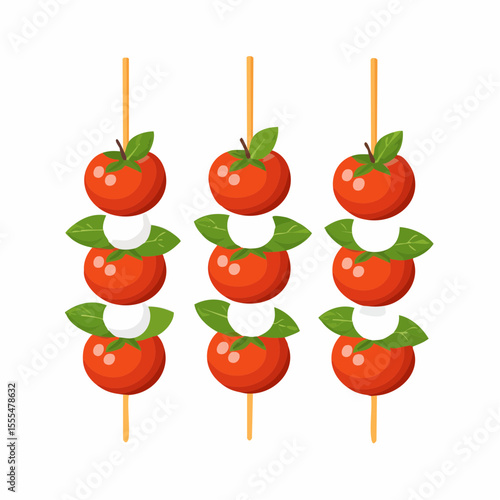 Three Caprese Skewers with Tomatoes, Mozzarella, and Basil Leaves on Wooden Sticks