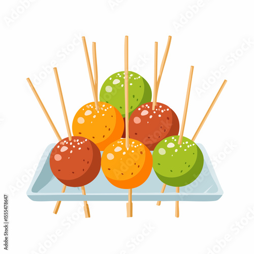 Colorful Dango Skewers on a Light Blue Tray, a Sweet Japanese Treat