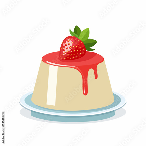 Creamy panna cotta dessert with strawberry topping and green leaves on a plate