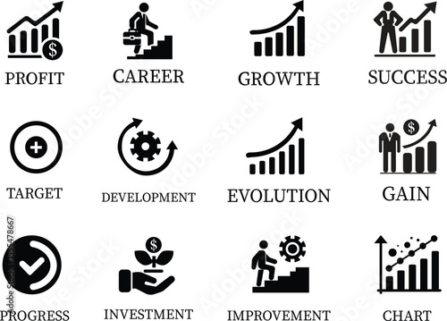 Growth icon set.Containing performance, gain, improvement, grow, chart, increase, evolution and development icon.Increase and Decrease Line Icon.Vector illustration.
