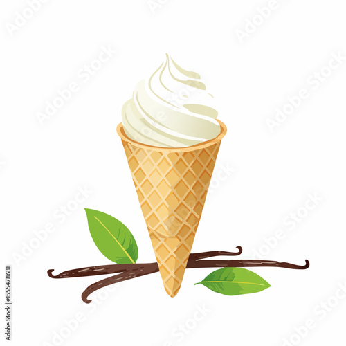 Vanilla Ice Cream Cone with Vanilla Beans and Green Leaves Illustration