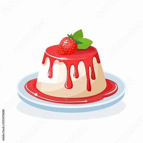 Panna cotta dessert with strawberry topping and mint leaves on a plate