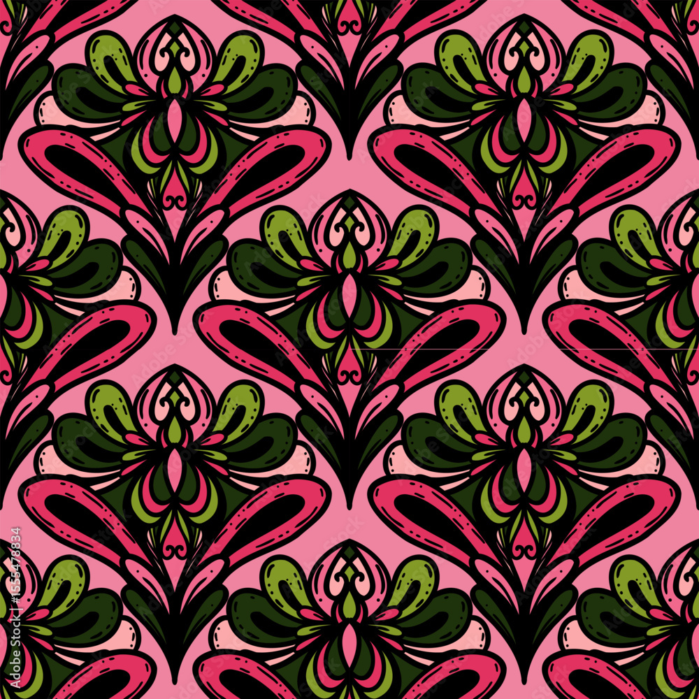 Fototapeta premium 250679 colorful line scribble repeat pattern, motifs floral hand drawn, scribble style, scallop pattern, design for seamless floral pattern, printing, wrapping, background and craft