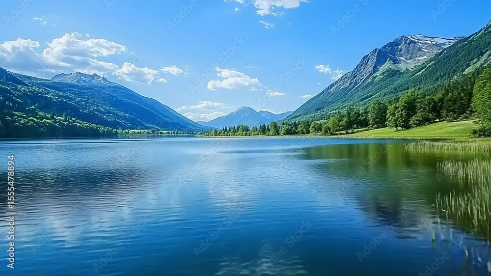 Serene lake surrounded by mountains and greenery Serene lake surrounded by mountains and greenery
