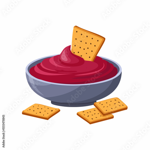 Cartoon bowl of vibrant red dip with crackers, one dipped in the sauce