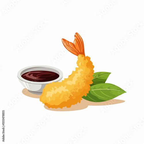 Crispy golden tempura shrimp with soy sauce and fresh green leaves