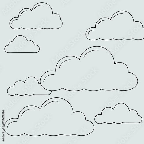 Collection of stylized cartoon clouds with black outlines on a light gray background