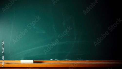 A dark teal chalkboard with faint white marks and a small eraser resting on its wooden base.