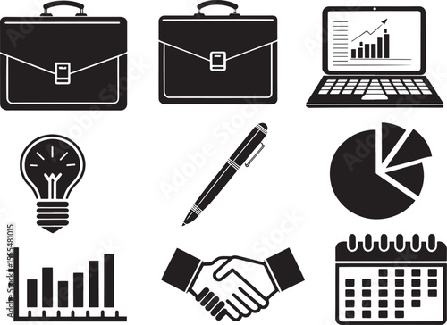 Essential Business Set: A curated graphic assembly featuring essential business elements in a stark, high-contrast presentation, highlighting key symbols for commerce and commerce-related tasks. 