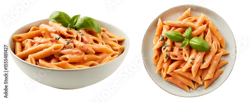 Penne pasta with tomato sauce and basil in bowls and on a plate