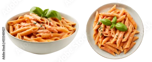 Obraz  z motywem Penne pasta with tomato sauce and basil in bowls and on a plate