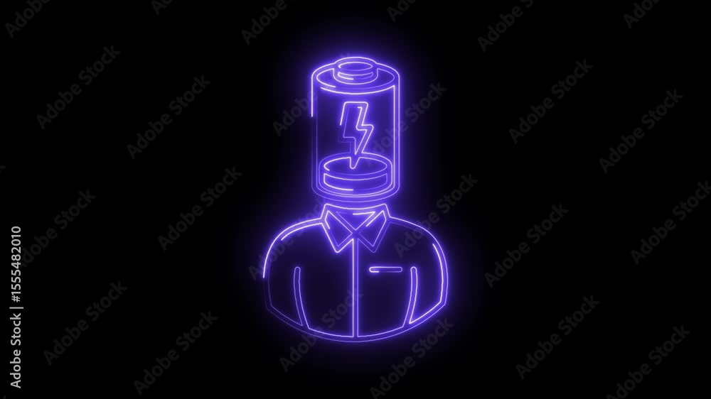 Neon man with battery head symbolizing energy levels and motivation on black background Neon man with battery head symbolizing energy levels and motivation on black background