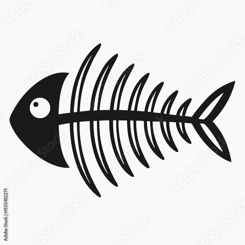Stylized black fish skeleton with a single eye on a white background