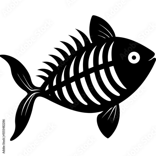Stylized black silhouette of a fish skeleton with white eye