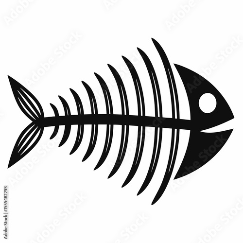 Stylized black fish skeleton with a white eye and a happy expression