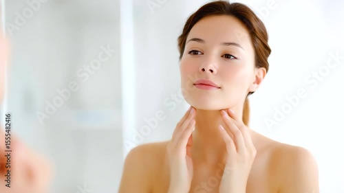 Young woman portrait showing calm expression while touching neck and face in mirror reflection during bright skin care beauty routine