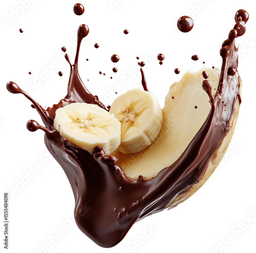 Delicious banana slices splashed with rich melted chocolate create tempting and indulgent treat, perfect for dessert lovers. Isolated on transparent background