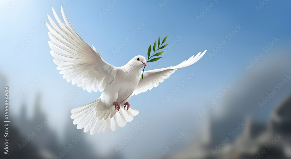 Obraz premium White dove in flight with olive branch