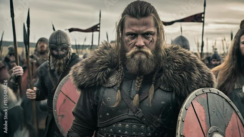 Intense Viking warrior leading his shield-bearing army in battle with fierce determination and commanding presence during a dramatic outdoor confrontation