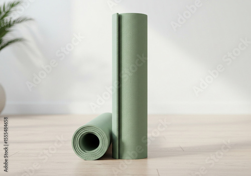 Sage Green Yoga Mat Rolled and Unrolled on Light Wood Floor
