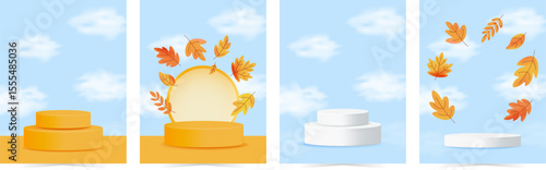Collection of autumn themed vertical posters with white and orange 3D podiums and leaves swirling on blue sky background. Vector illustration