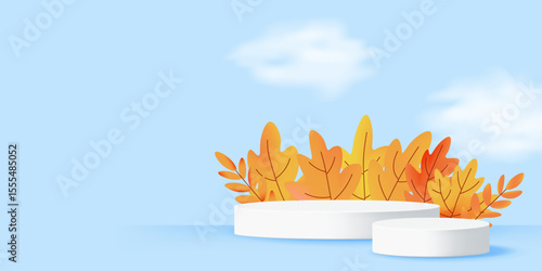 Autumn banner with white podiums surrounded by bright foliage and blue cloudy sky. Ideal for advertising seasonal products. Vector illustration