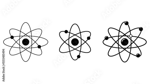 A simple black and white atom model set  with three orbits on a white background