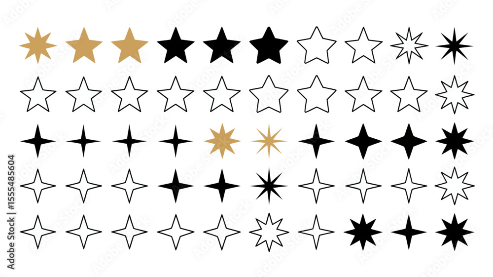 Fototapeta premium Various star shapes in rows with gold black and outline on a white backdrop