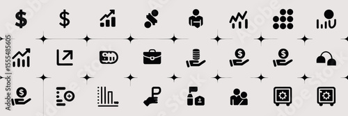 A collection of various financial and business related icons on white squares