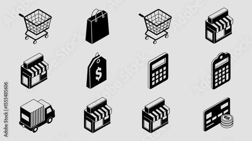Isometric shopping icons featuring carts, stores, and payment methods set on gray