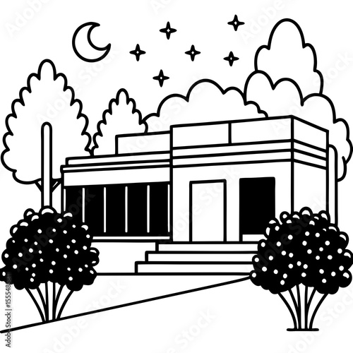 Modern house exterior at night with moon and stars overhead and lush greenery